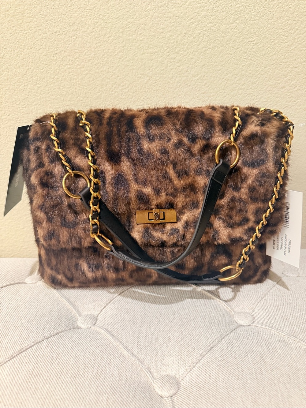 NWT Steve Madden Leopard Faux Fur Shoulder Bag with Gold Chain Accent